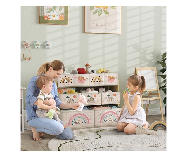 Etajera Depozitare Jucarii cu 3 Niveluri si 9 Cutii de Tesatura, Mobilier Depozitare Jucarii, 93x30x70 cm, Galben