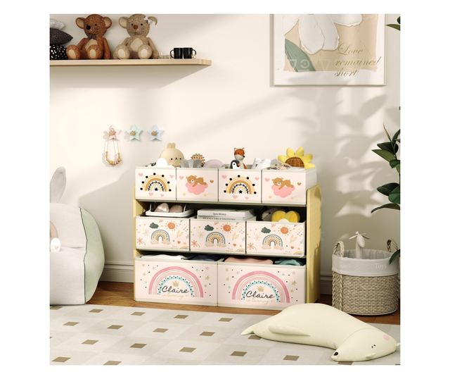 Etajera Depozitare Jucarii cu 3 Niveluri si 9 Cutii de Tesatura, Mobilier Depozitare Jucarii, 93x30x70 cm, Galben