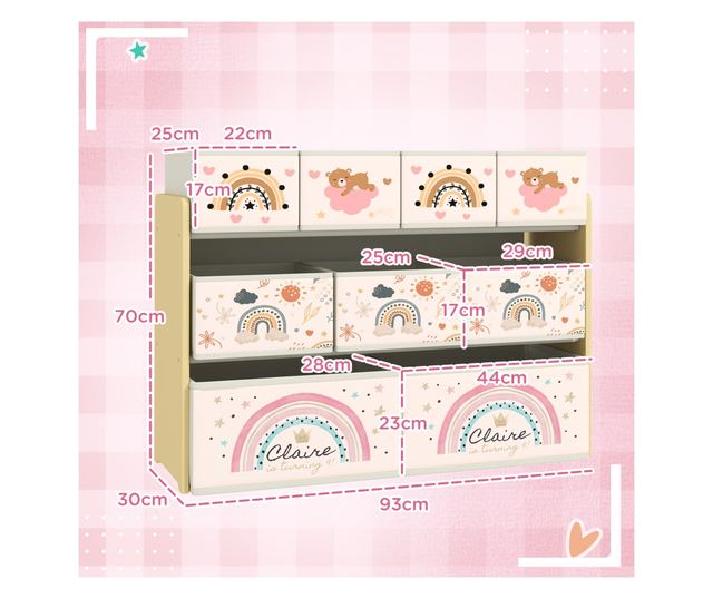 Etajera Depozitare Jucarii cu 3 Niveluri si 9 Cutii de Tesatura, Mobilier Depozitare Jucarii, 93x30x70 cm, Galben