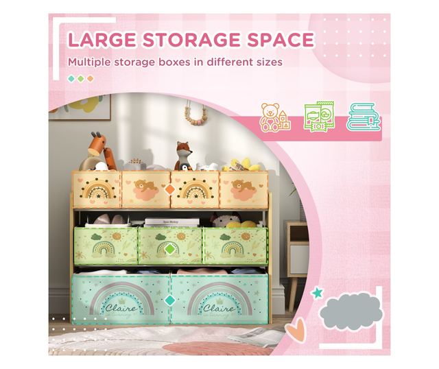 Etajera Depozitare Jucarii cu 3 Niveluri si 9 Cutii de Tesatura, Mobilier Depozitare Jucarii, 93x30x70 cm, Galben