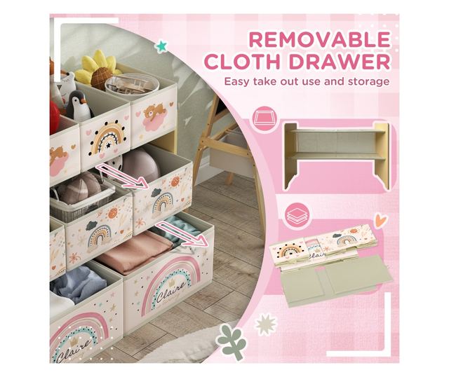 Etajera Depozitare Jucarii cu 3 Niveluri si 9 Cutii de Tesatura, Mobilier Depozitare Jucarii, 93x30x70 cm, Galben