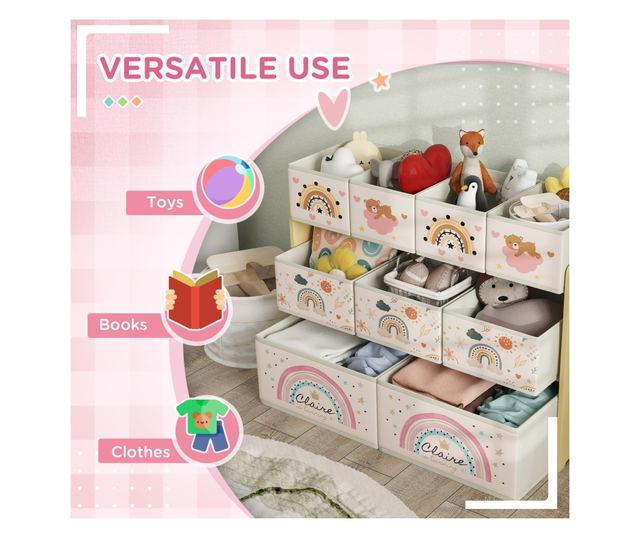 Etajera Depozitare Jucarii cu 3 Niveluri si 9 Cutii de Tesatura, Mobilier Depozitare Jucarii, 93x30x70 cm, Galben