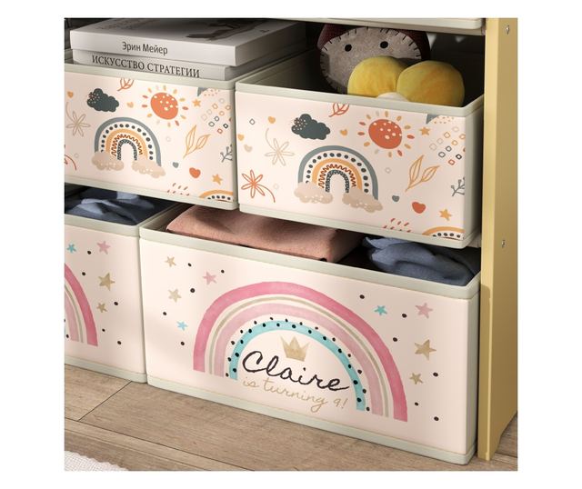 Etajera Depozitare Jucarii cu 3 Niveluri si 9 Cutii de Tesatura, Mobilier Depozitare Jucarii, 93x30x70 cm, Galben