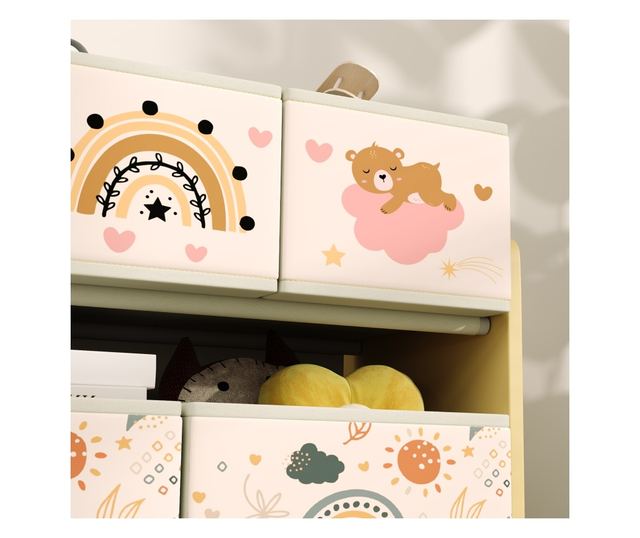 Etajera Depozitare Jucarii cu 3 Niveluri si 9 Cutii de Tesatura, Mobilier Depozitare Jucarii, 93x30x70 cm, Galben