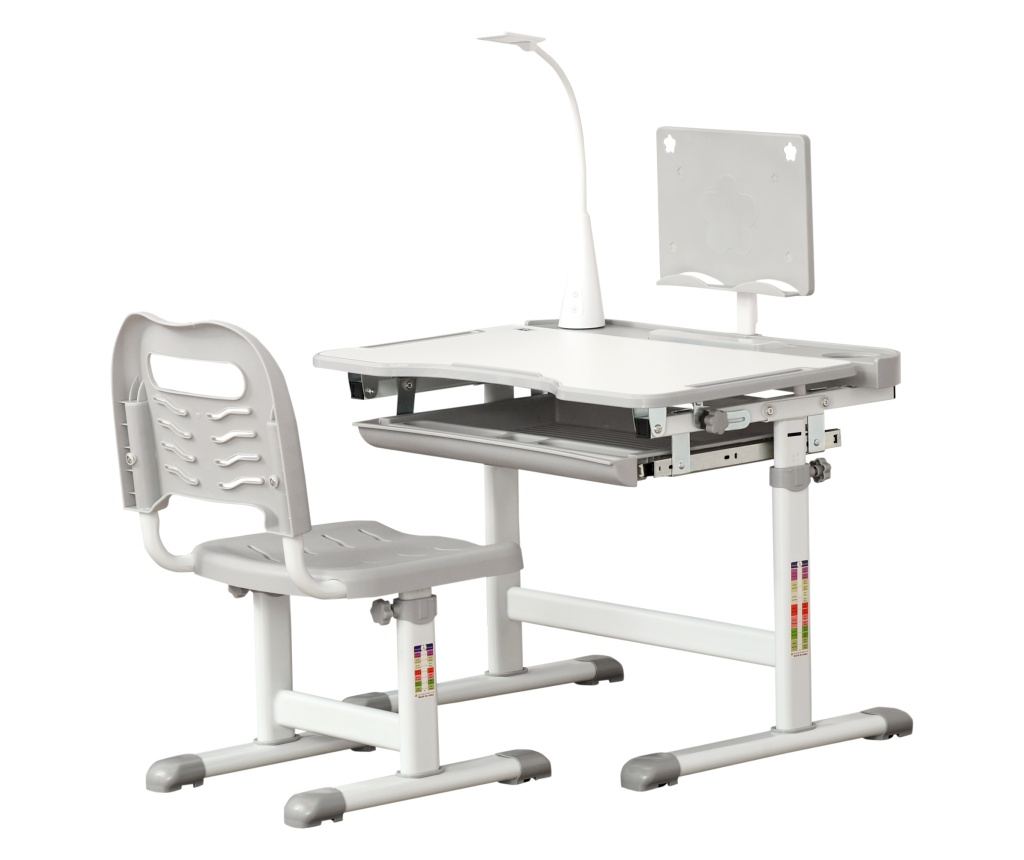 Birou cu scaun pentru copii cu vârsta între 6-12 ani cu înălțime reglabilă, lampă LED și blat înclinat la 45°, oțel și MDF, de c