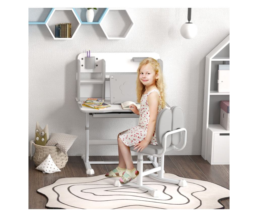 Gyermek íróasztal és szék szett, 3-12 éveseknek, állítható magasságú és 45°-ban dönthető asztallap, 80x55x107,5 cm, szürke - 2