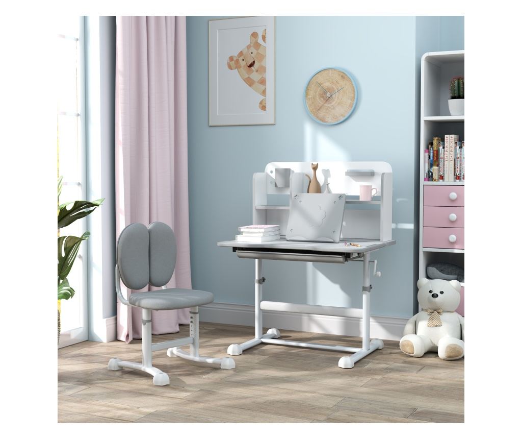 Gyermek íróasztal és szék szett, 3-12 éveseknek, állítható magasságú és 45°-ban dönthető asztallap, 80x55x107,5 cm, szürke - 3
