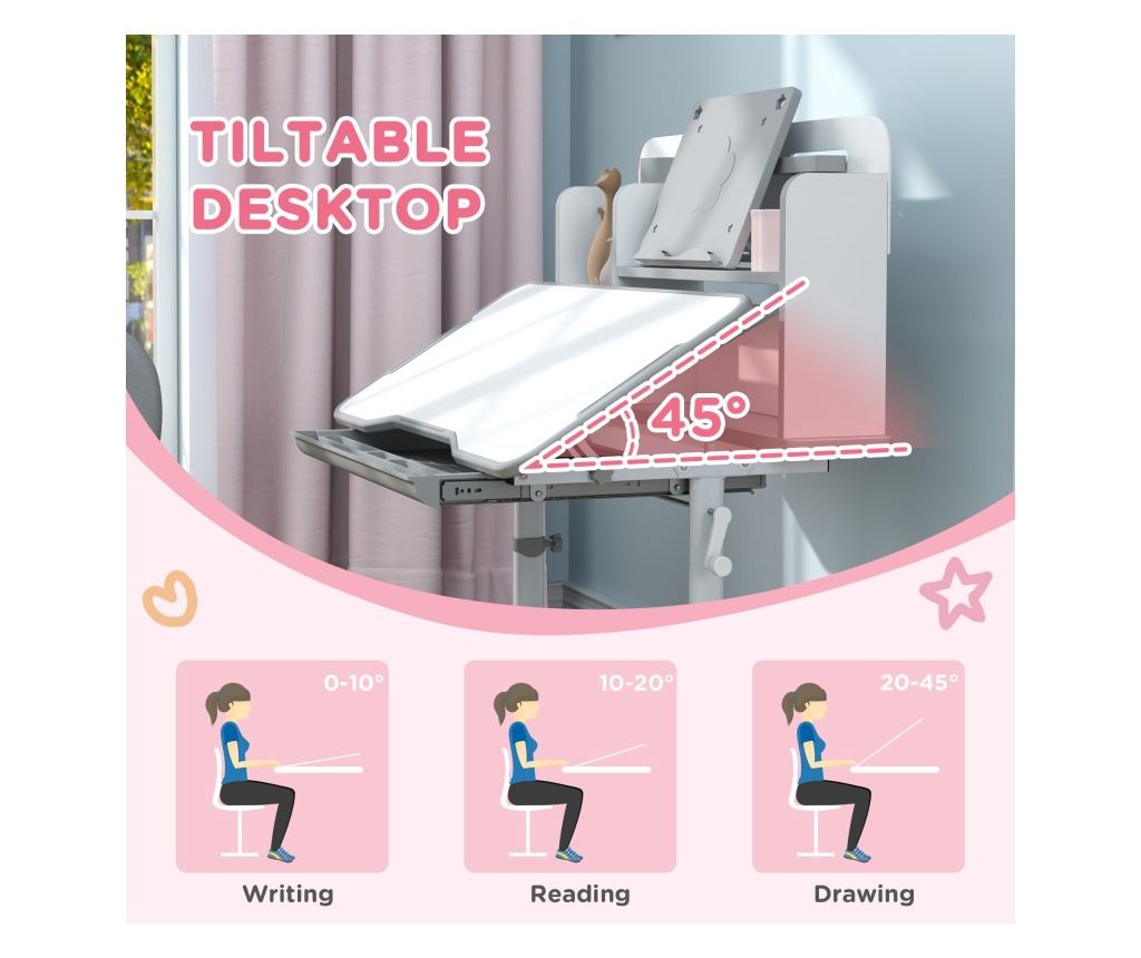 Gyermek íróasztal és szék szett, 3-12 éveseknek, állítható magasságú és 45°-ban dönthető asztallap, 80x55x107,5 cm, szürke - 5