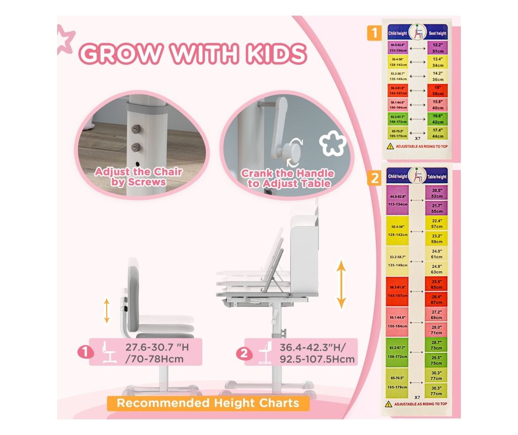 Gyermek íróasztal és szék szett, 3-12 éveseknek, állítható magasságú és 45°-ban dönthető asztallap, 80x55x107,5 cm, szürke - 6