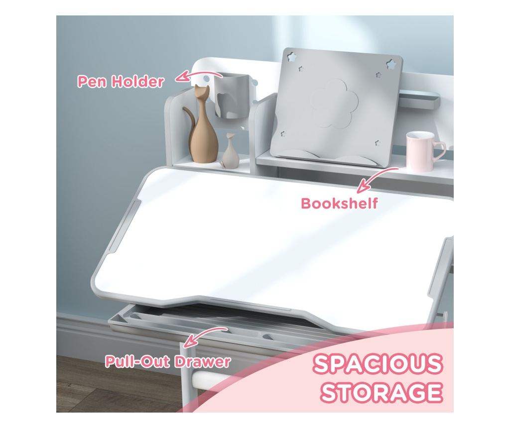 Gyermek íróasztal és szék szett, 3-12 éveseknek, állítható magasságú és 45°-ban dönthető asztallap, 80x55x107,5 cm, szürke - 7