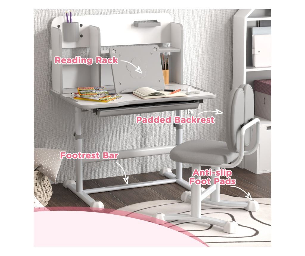 Gyermek íróasztal és szék szett, 3-12 éveseknek, állítható magasságú és 45°-ban dönthető asztallap, 80x55x107,5 cm, szürke - 8