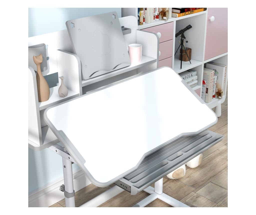 Gyermek íróasztal és szék szett, 3-12 éveseknek, állítható magasságú és 45°-ban dönthető asztallap, 80x55x107,5 cm, szürke - 9