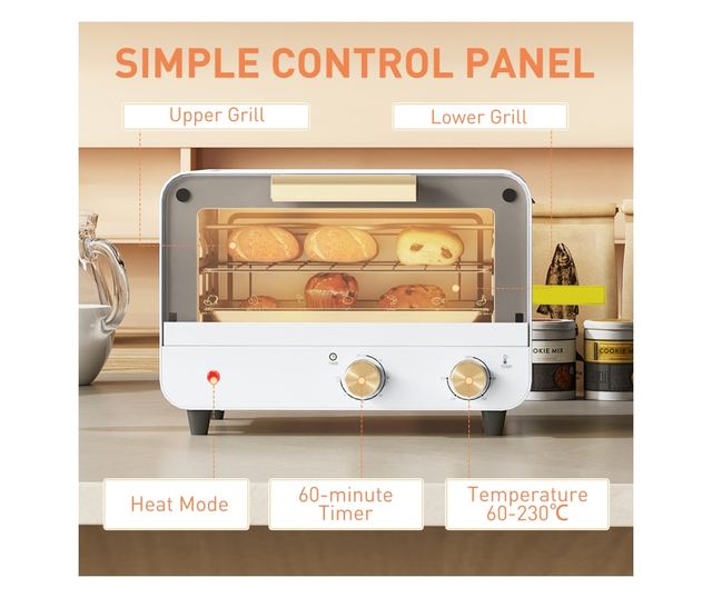 Cuptor Electric cu 2 Inaltimi cu Temporizator si Temperatura Reglabila, 31,5x27,7x22,7 cm, Alb
