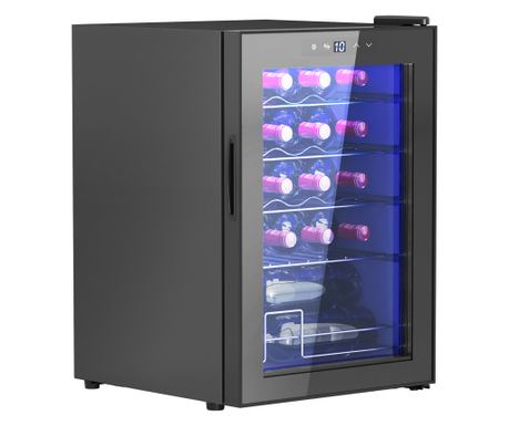 20 palackos borhűtő egyzónás hőmérséklet-szabályozással 5-18°C, UV-védett üveg és állítható polcok, 43x45x64 cm, fekete
