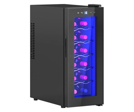 Borhűtő 12 palackhoz, üvegajtóval és LED fénnyel, 26,5x51,5x65 cm, fekete