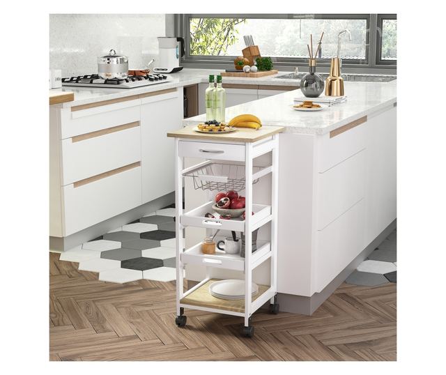Carucior de Bucatarie Economisire Spatiu din Lemn Alb 37 x 37 x 82cm
