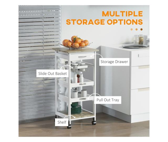 Carucior de Bucatarie Economisire Spatiu din Lemn Alb 37 x 37 x 82cm