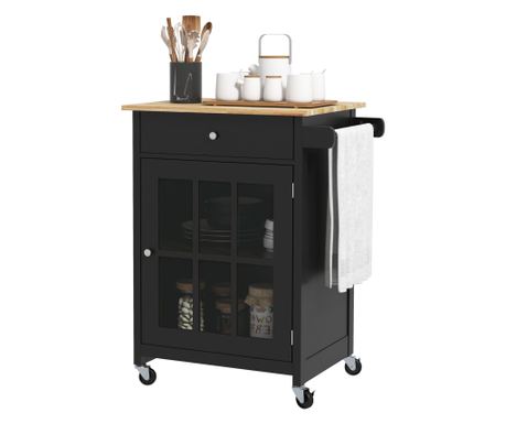 Carucior de Bucatarie cu Sertar, Raft Reglabil, 4 Roti si Suport Lateral pentru Prosop, 67x48x86,5 cm, Negru