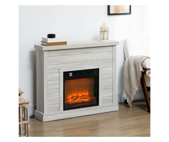 Електрическа камина с 3D пламък, автоматично изключване, регулируемо отопление и таймер, 96.5x22x81.7 см, светлосив