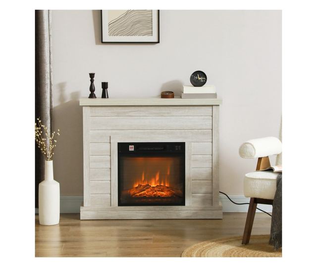 Електрическа камина с 3D пламък, автоматично изключване, регулируемо отопление и таймер, 96.5x22x81.7 см, светлосив