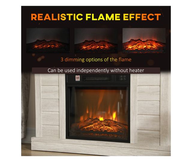 Електрическа камина с 3D пламък, автоматично изключване, регулируемо отопление и таймер, 96.5x22x81.7 см, светлосив