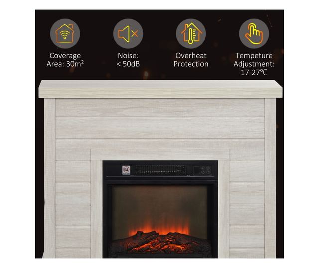 Електрическа камина с 3D пламък, автоматично изключване, регулируемо отопление и таймер, 96.5x22x81.7 см, светлосив
