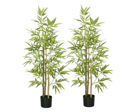 Set Plante Bambus Artificiale cu 3 Trunchiuri cu Ghiveci, Plante Artificiale din PP si Metal, 15x15x120 cm, Verde