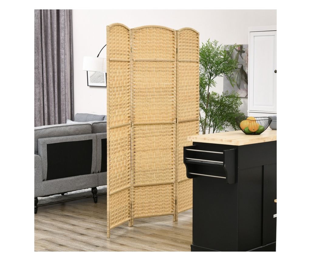 Paravan Interior Pliabil cu 3 Panouri Impletit din PP si Lemn de Pin, 135x1,7x180 cm, Lemn Natural - 2