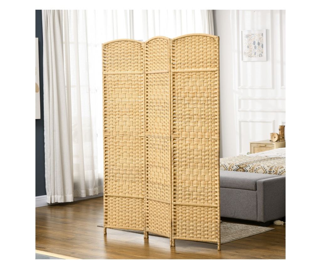 Paravan Interior Pliabil cu 3 Panouri Impletit din PP si Lemn de Pin, 135x1,7x180 cm, Lemn Natural - 3