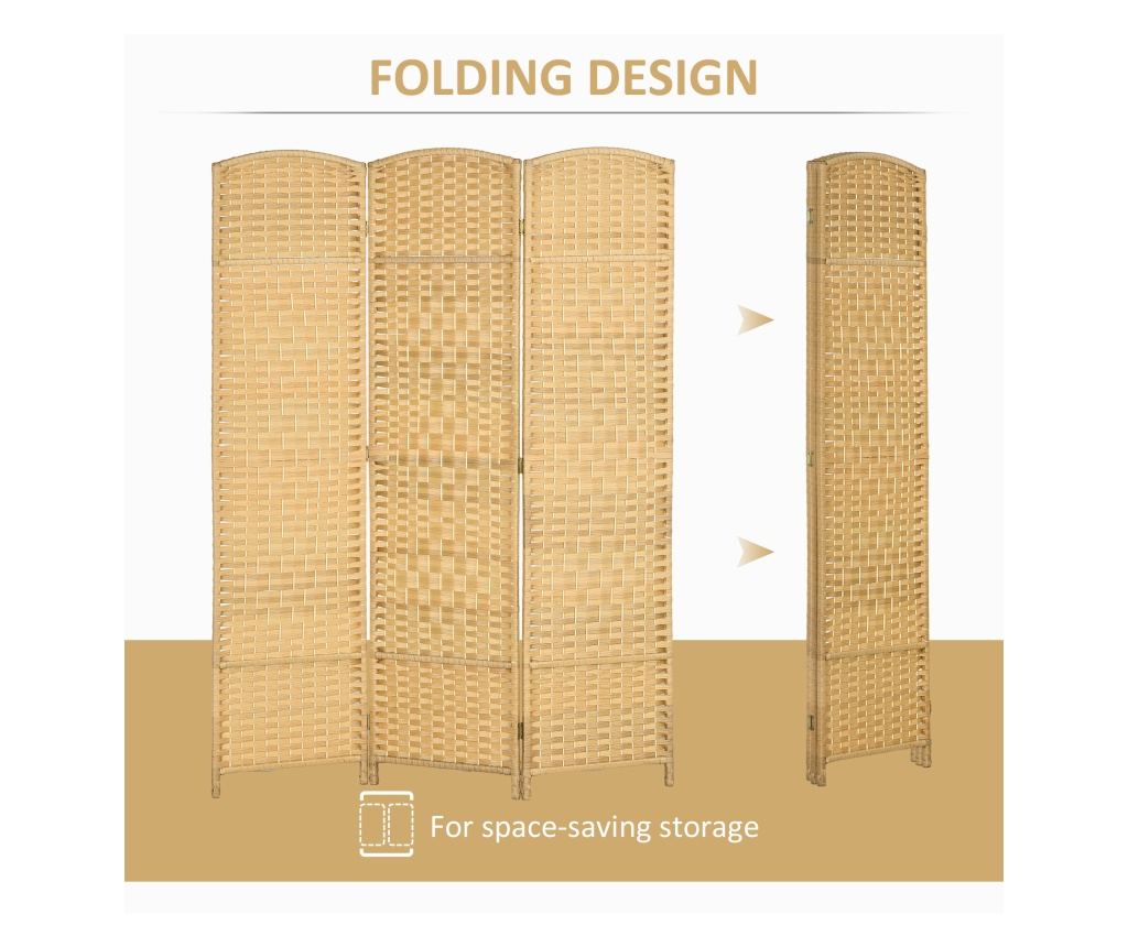 Paravan Interior Pliabil cu 3 Panouri Impletit din PP si Lemn de Pin, 135x1,7x180 cm, Lemn Natural - 5