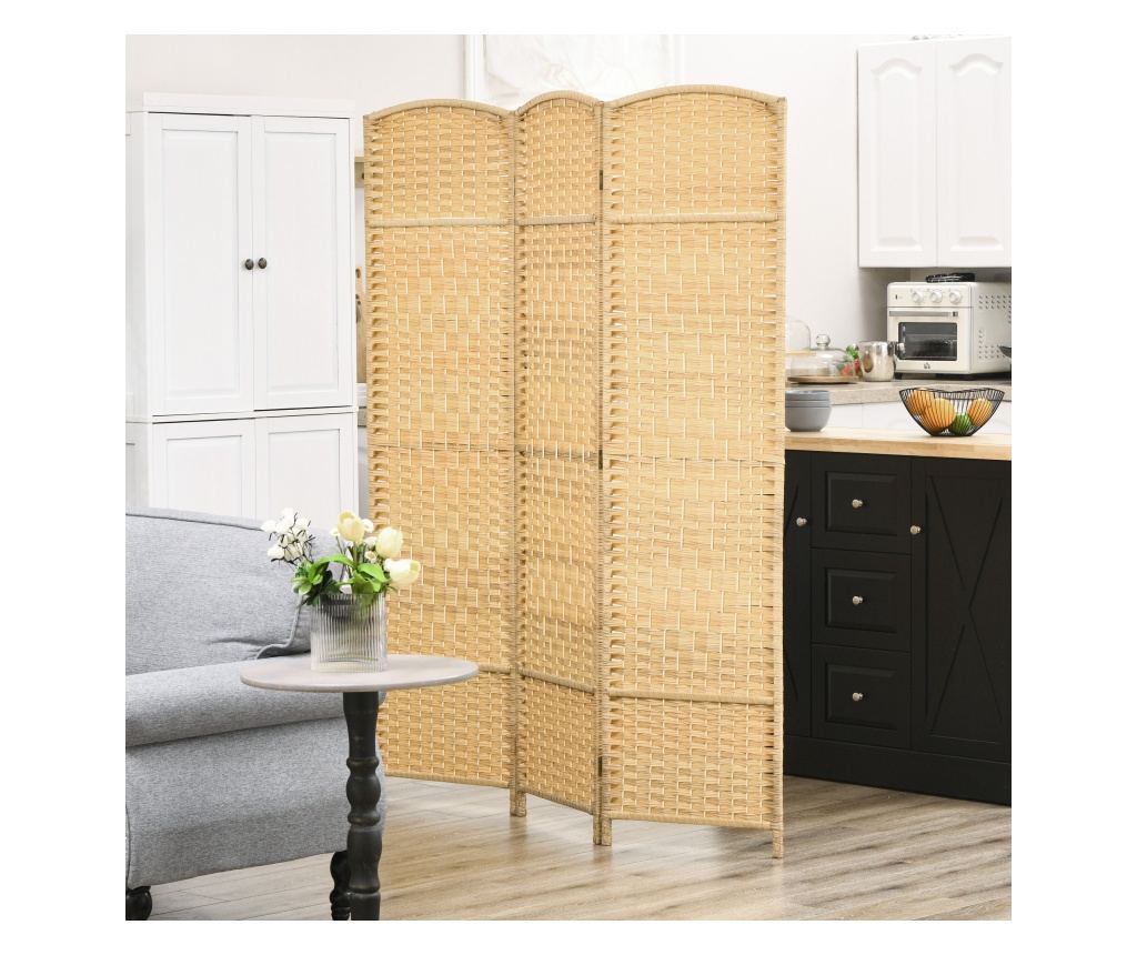 Paravan Interior Pliabil cu 3 Panouri Impletit din PP si Lemn de Pin, 135x1,7x180 cm, Lemn Natural - 8