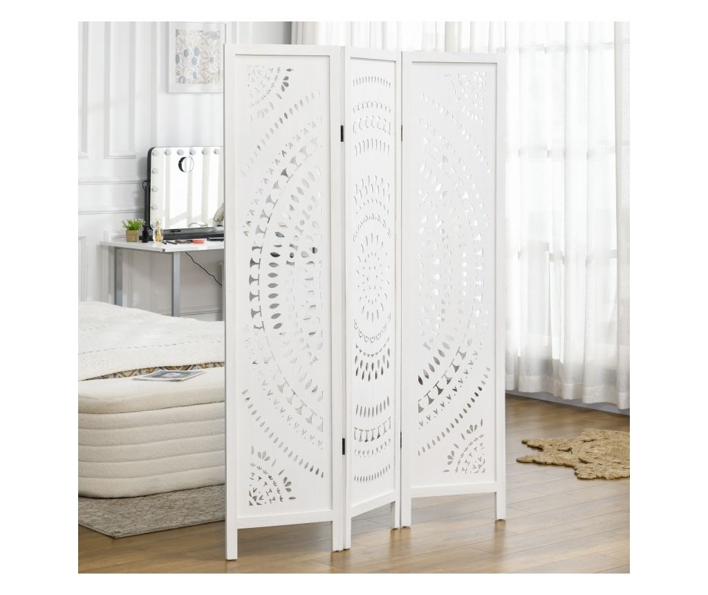Paravan Interior cu 3 Panouri, Separator Pliabil de Interior, din Lemn Cioplit, 120x170 cm, Alb - 2