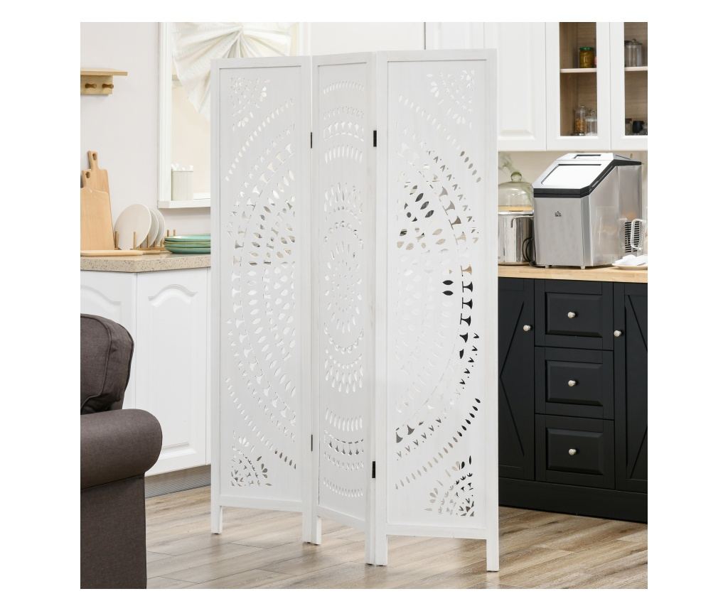 Paravan Interior cu 3 Panouri, Separator Pliabil de Interior, din Lemn Cioplit, 120x170 cm, Alb - 3