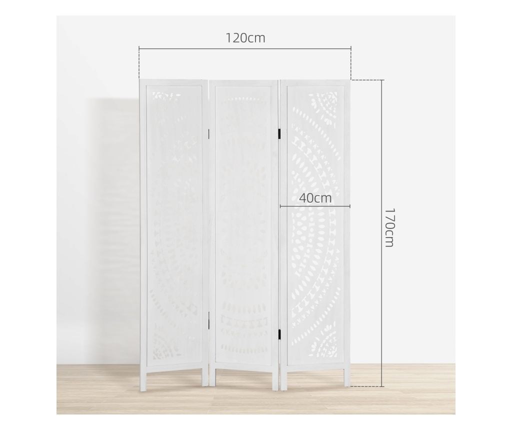 Paravan Interior cu 3 Panouri, Separator Pliabil de Interior, din Lemn Cioplit, 120x170 cm, Alb - 4