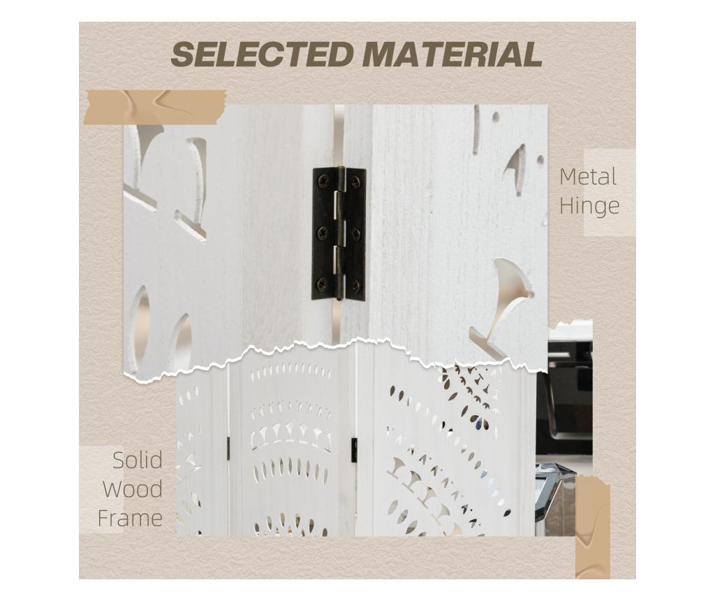 Paravan Interior cu 3 Panouri, Separator Pliabil de Interior, din Lemn Cioplit, 120x170 cm, Alb - 6