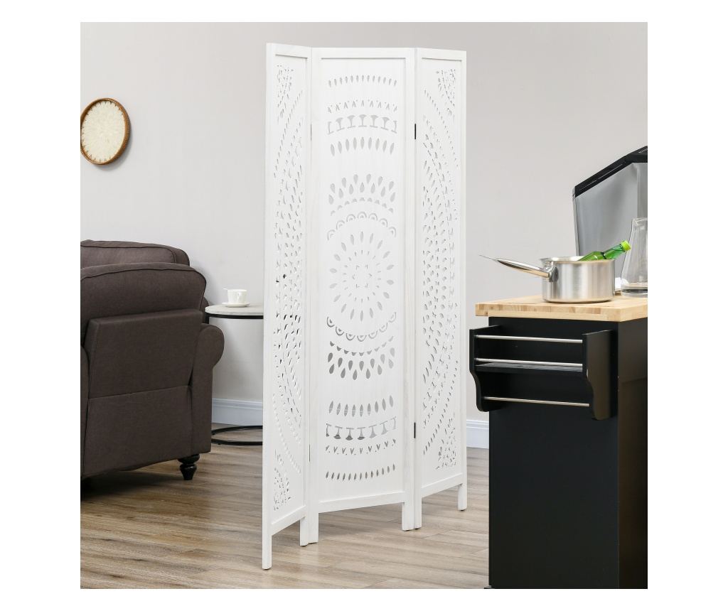 Paravan Interior cu 3 Panouri, Separator Pliabil de Interior, din Lemn Cioplit, 120x170 cm, Alb - 8