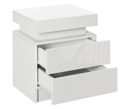Noptiera alba cu lumina LED RGB, noptiera frontala lucioasa cu 2 sertare, pentru camera de zi, dormitor