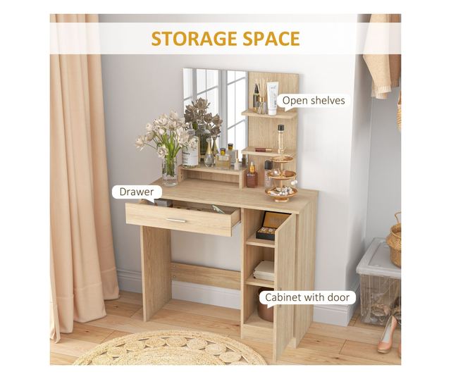 Sminkasztal szekrénnyel, fiókkal, polcokkal és tükörrel, természetes fa