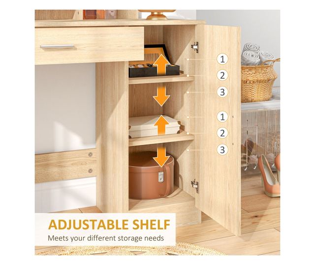 Sminkasztal szekrénnyel, fiókkal, polcokkal és tükörrel, természetes fa