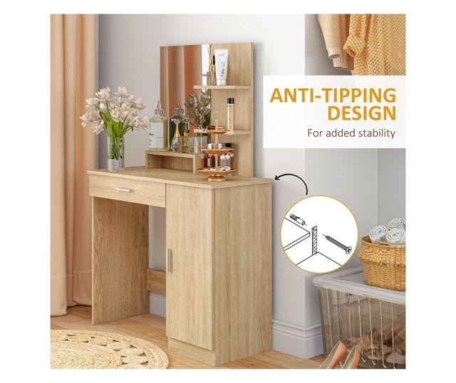 Sminkasztal szekrénnyel, fiókkal, polcokkal és tükörrel, természetes fa