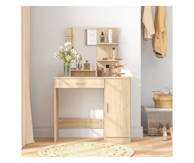 Sminkasztal szekrénnyel, fiókkal, polcokkal és tükörrel, természetes fa