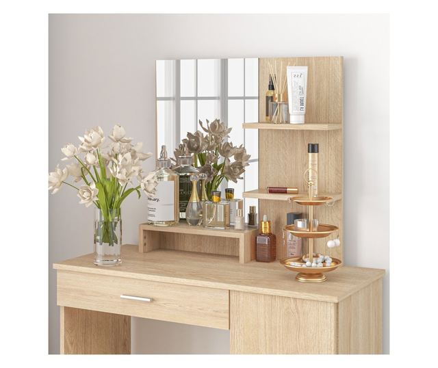 Sminkasztal szekrénnyel, fiókkal, polcokkal és tükörrel, természetes fa