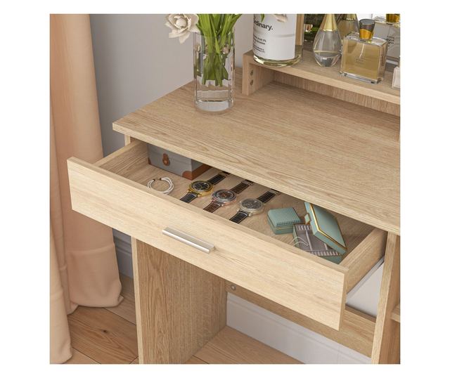 Sminkasztal szekrénnyel, fiókkal, polcokkal és tükörrel, természetes fa