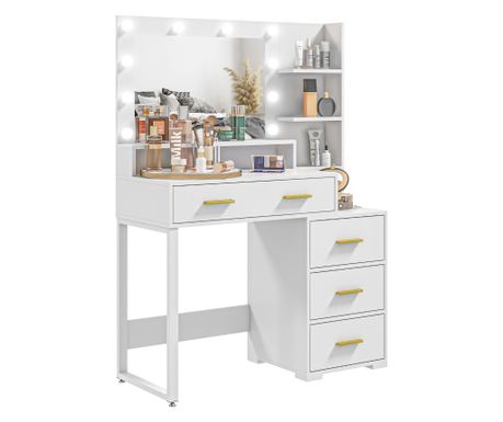Тоалетка за гримиране с 4 чекмеджета, 6 отворени рафта и огледало, дървено бюро за гримиране, 100x40x138 см, бяла