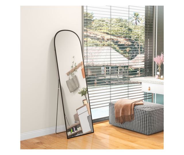 Подовo и стенно огледало, модерно огледало с рамка от алуминиева сплав и сгъваема стойка, 50x161.5 см, черно