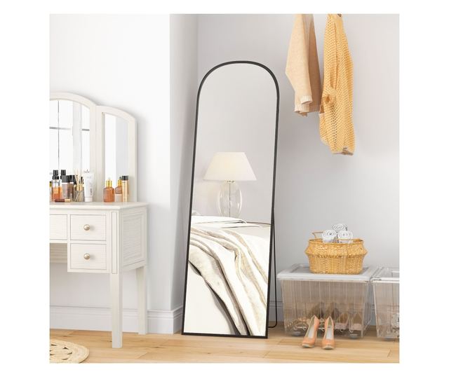 Подовo и стенно огледало, модерно огледало с рамка от алуминиева сплав и сгъваема стойка, 50x161.5 см, черно