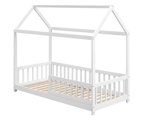 HOMCOM Gyerek Montessori Ágykeret, Házikó Design 15 Léccel és Biztonsági Korlátokkal, 96x195x165 cm, Fehér