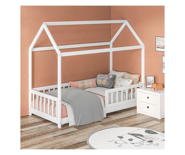 Pat Montessori pentru Copii in Forma de Casuta cu 15 Sipci si Bariere de Protectie, 96x195x165 cm, Alb