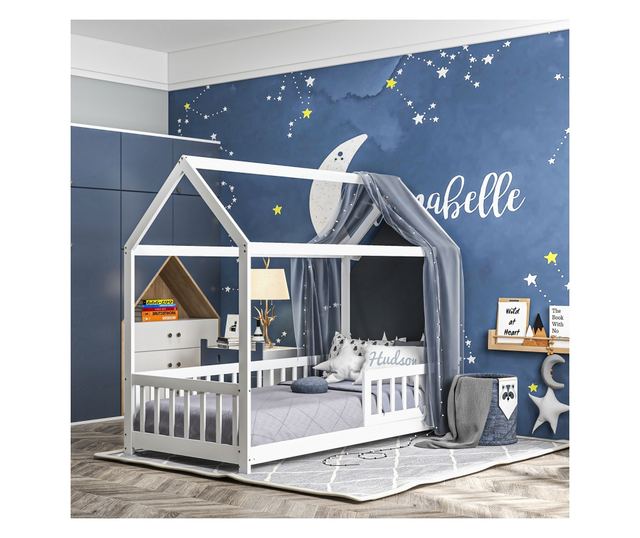 Pat Montessori pentru Copii in Forma de Casuta cu 15 Sipci si Bariere de Protectie, 96x195x165 cm, Alb