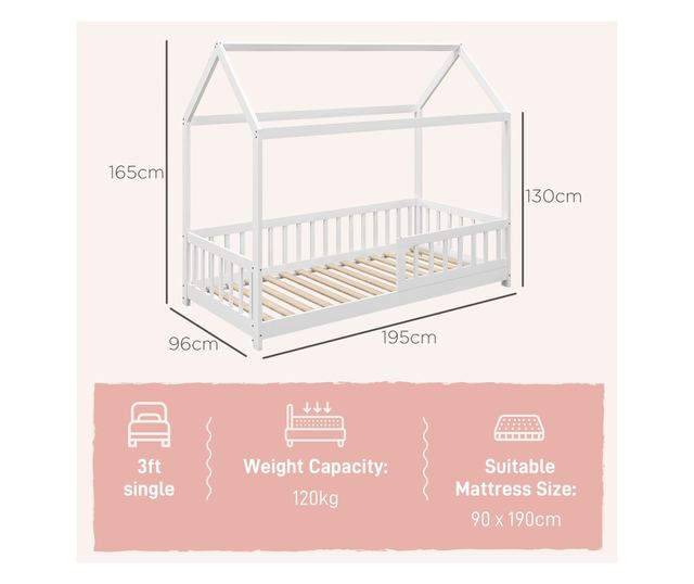 Pat Montessori pentru Copii in Forma de Casuta cu 15 Sipci si Bariere de Protectie, 96x195x165 cm, Alb